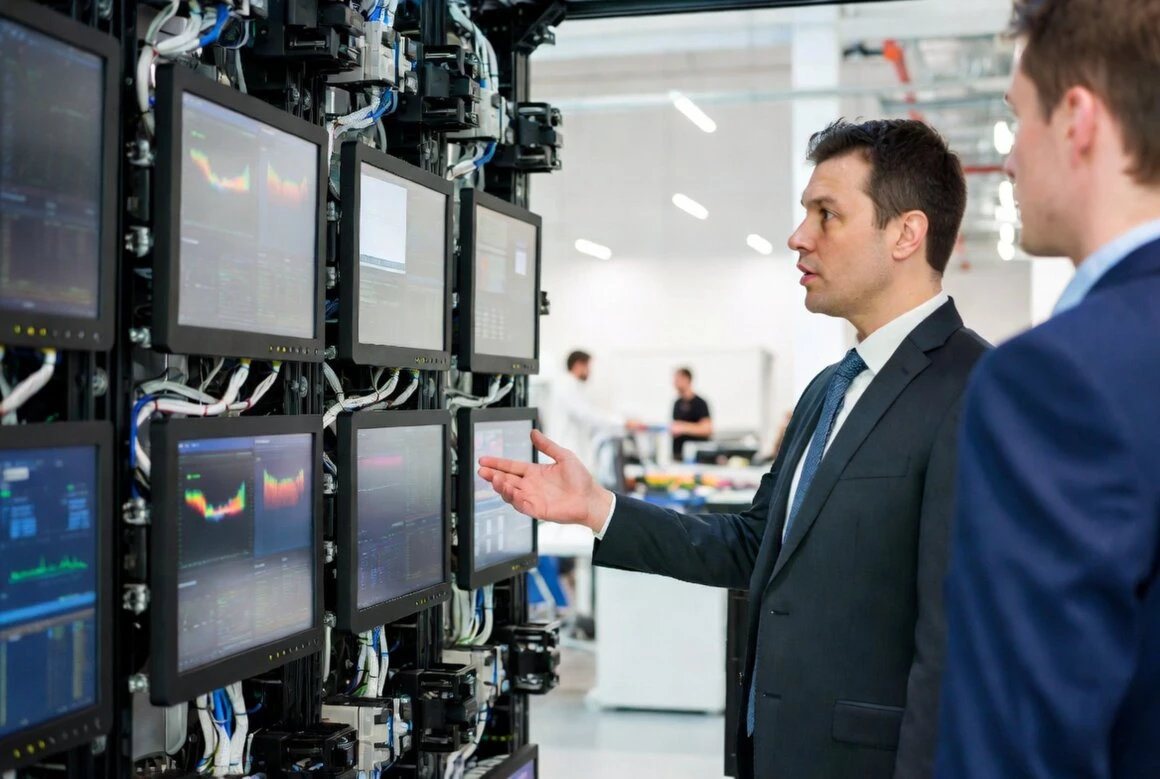 Tecnici e consulenti che analizzano dati su più monitor in un ambiente industriale o tecnologico, discutendo configurazioni e sistemi digitali complessi.